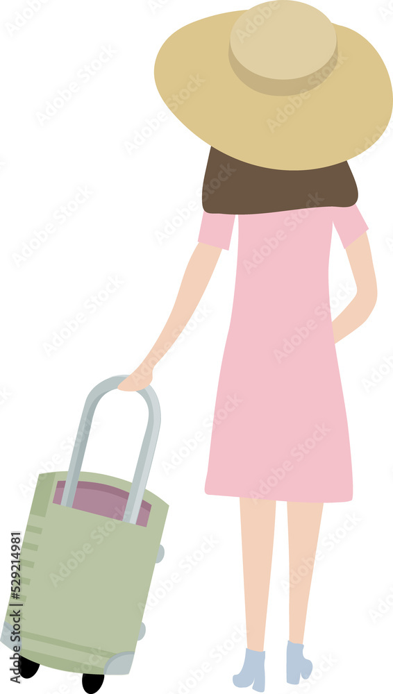 Elegant girl with a suitcase goes on a journey to adventure. She wears a beautiful dress, high heels shoes and a big straw ha