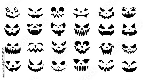 Halloween faces. Creepy doodle smiling face expressions with angry eyes for horror posters  evil ghosts and jack lantern faces. Vector isolated set