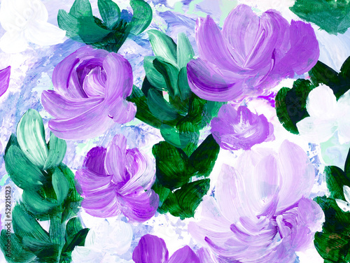 Abstract purple flowers, original hand drawn, impressionism style, color texture, brush strokes of paint, art background. © Artlu