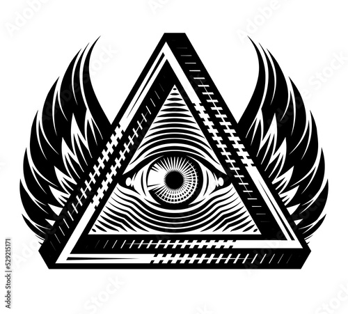 All-seeing eye of God in triangle with wings. Sacred symbol in a stylized triangles. Vector monochrome illustration