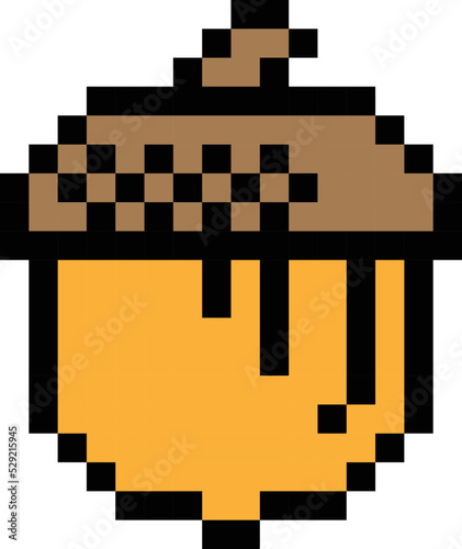 Acorn with autumn leaves Pixel Art isolated on white Background. Vector illustration.