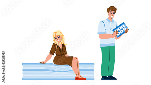 mattress shop vector. bed store, furniture buy, bedroom sale choose mattress shop character. people flat cartoon illustration