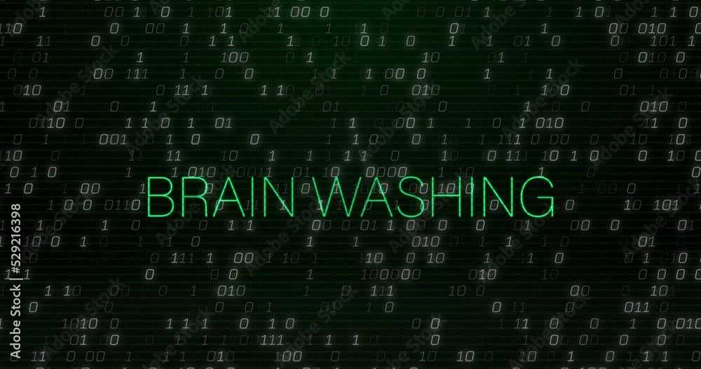 Animation of brain washing text over data processing Animation of brain washing text over data processing