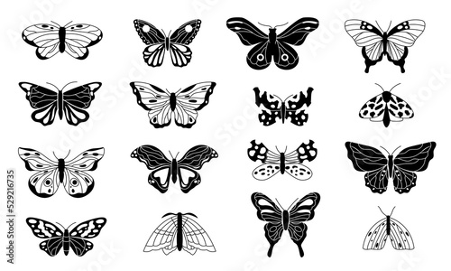 Butterflies silhouettes. Black sketches of flying winged insects, monochrome doodle butterfly contours for tattoo, engraving, decoration. Vector isolated set