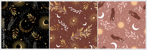 Boho aesthetic, spiritual symbols seamless pattern set with hands, crescents, herbs, sun. Bohemian style backgrounds.