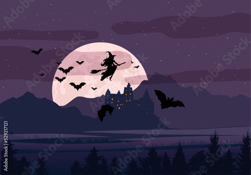 Silhouette of a whitch on full moon background, flock of bats, Castle, mountain landscape. Cartoon, vector illustration. Halloween scene photo