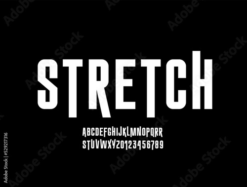 Stretch font, narrow alphabet, modern letters and numbers, for your designs: logo, movie banner, cinema poster, header, title, vector illustration 10EPS