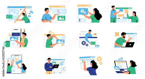 Web development concept. Modern characters creating mobile web page, software developers working on corporate UI, code and program for website. Vector isolated set