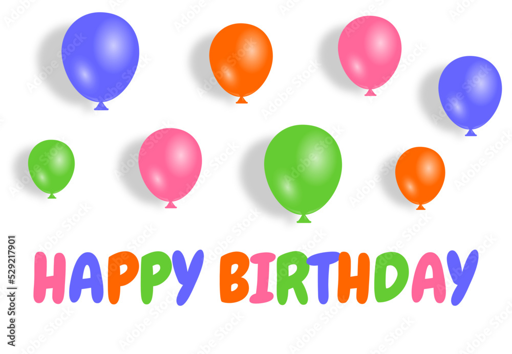 Happy birthday handwritten text lettering with birthday party balloons on white background.