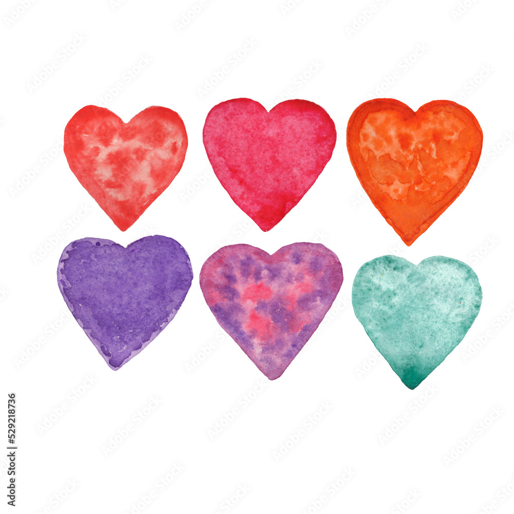 Watercolor hand drawn colorful hearts on white background,love hearts set for Valentines day,wedding,