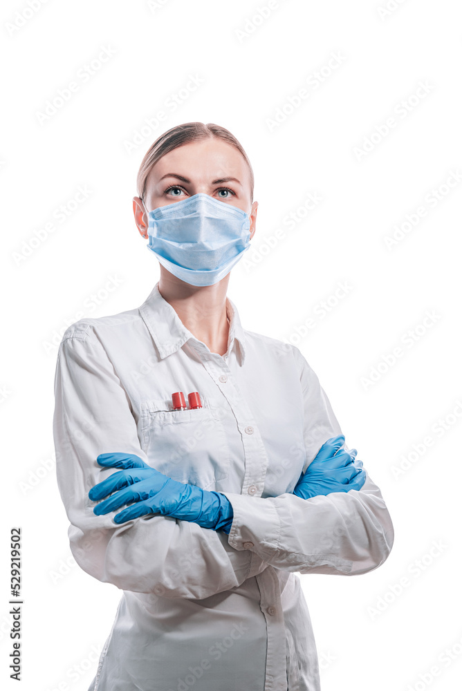 female doctor in medical mask on the face and gloves on a white background female doctor in medical mask on the face and gloves on a white background