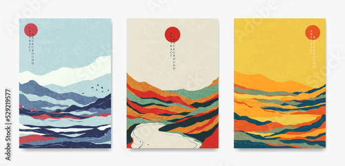 A set of abstract landscapes in Japanese style. For posters, banners, flyers, covers.