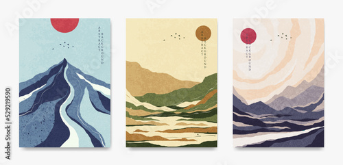 A set of abstract landscapes in Japanese style. For posters, banners, flyers, covers.