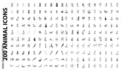 200 animal icons set. Cartoon illustration of 100 animal icons vector set isolated on white background