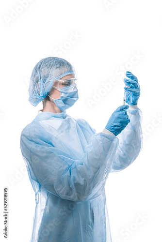 Obraz na płótnie female doctor in medical mask on the face and gloves on a white background w salonie