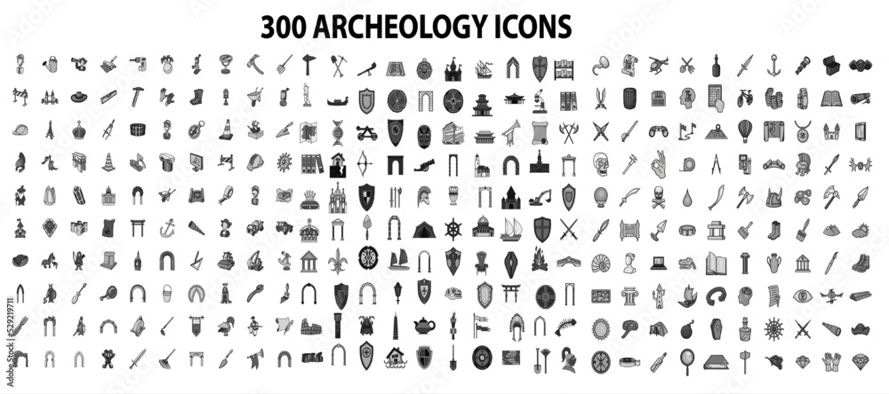 300 archaeology center icons set in flat style for any design vector illustration - obrazy, fototapety, plakaty 