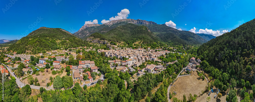 Aerial view of the Plus Beaux Villages de France of Châtillon-en-Diois