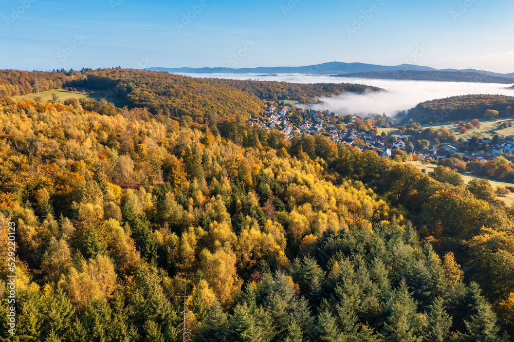 Bird's-eye view of the village of Engenhahn/Germany in the Taunus mountains in the morning fog