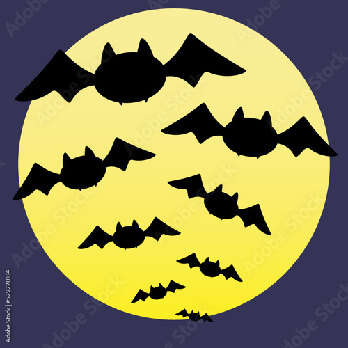 A flock of bats on the background of the moon. Halloween. The silhouette of a cartoon bat.