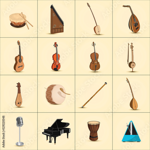 Percussion, wind and string musical instruments, microphone and metronome instrument. Vector set.