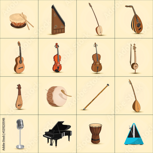 Percussion, wind and string musical instruments, microphone and metronome instrument. Vector set. photo