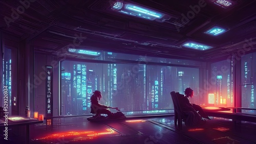 Futuristic and sci-fi dark room interior design with neon light in Japanese traditional motifs. Japanese landscape behind a large window in a dark room. Sakura, moon, city, movement. 3D illustration.