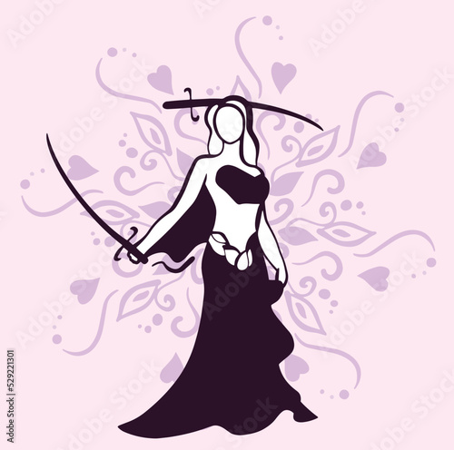 Beautiful young woman dancing bellydance. Swords, Double swords, sword dance. Belly dance logo. Dance icons isolated background. Turkish, Egypt, Lebanon culture. Tribal fusion dance