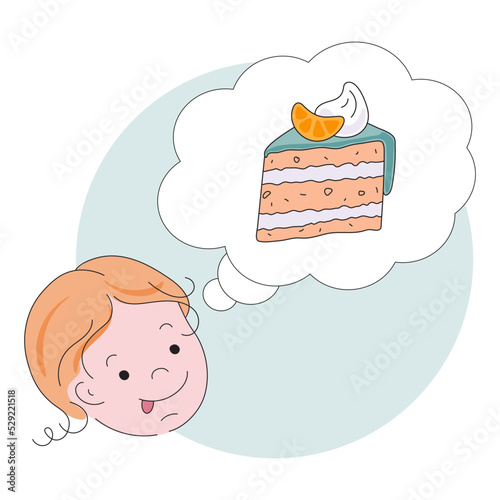 Little child  and think bubble with cake