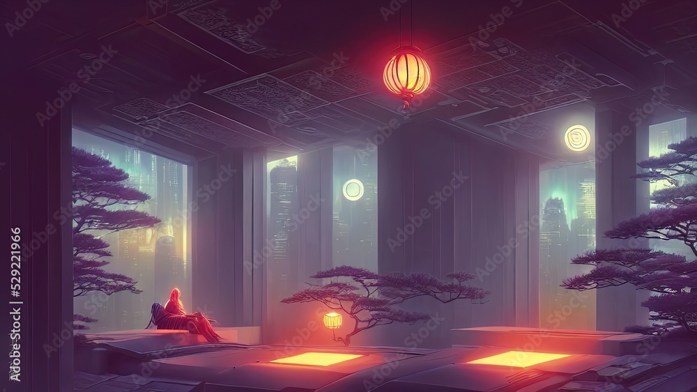 Futuristic and sci-fi dark room interior design with neon light in Japanese traditional motifs ...