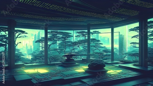 Futuristic and sci-fi dark room interior design with neon light in Japanese traditional motifs. Japanese landscape behind a large window in a dark room. Sakura, moon, city, movement. 3D illustration. © Terablete