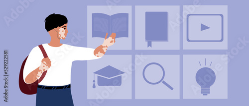 Student with vitiligo and hologram, modern flat vector stock illustration as concept of education and digital technologies