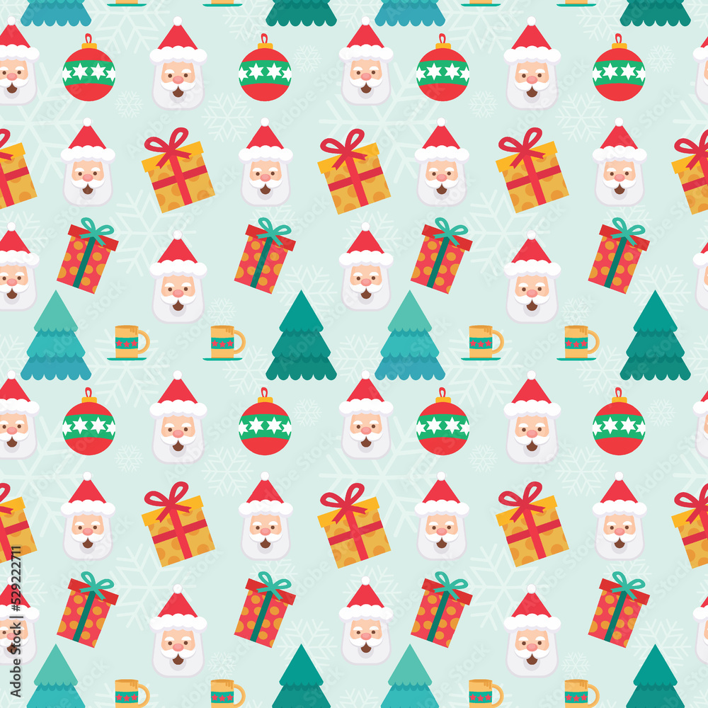 Cute Santa Claus, Box gifts, Pine tree Geometric element seamless pattern.Design for banner, greeting card, website, backgroud ,christmas and new year celebration.