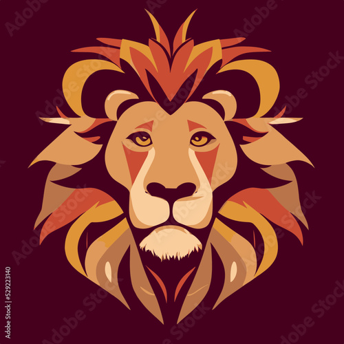 Colorful flat lion illustration vector. Hipster graphic design of a minimal lion. Vectorized shapes. Powerful logo. Strong icon.