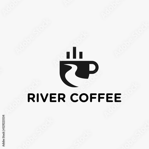 coffee logo with river and coffee cup icon vector illustration template