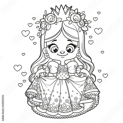 Valokuva Cute cartoon princess girl in a dress with bouffant skirt outlined for coloring