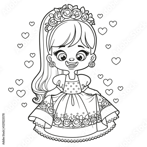 Cute cartoon longhaired girl princess in a dress with a bouffant skirt outlined for coloring page on white background