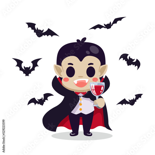 Halloween kawaii Dracula holding a glass of blood and fly bat on white background. lovely and spooky cartoon character. Vector illustration flat design.