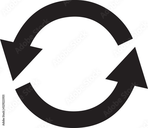 Black arrow icon reload, refresh, rotation, reset, repeat sign.Web pictogram with gray long shadow on white background. Simple, solid, plain, flat style