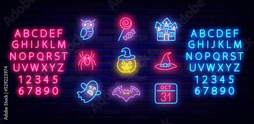 Happy Halloween neon icons collection Pumpkin, owl and ghost. Witch hat and spider. Vector stock illustration