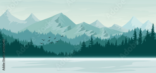 winter mountain landscape with trees Vector nature background images, posters, banners.