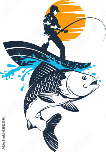 Boat on the waves and a fisherman. The fisherman caught a big fish. Design for fishing