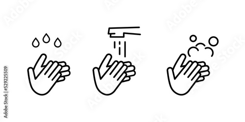 Icon set of disease prevention protect. Vector sanitizer, antiseptic, antibacterial symbols. Healthcare wash hands with rinse water, tap, soap safety icons.