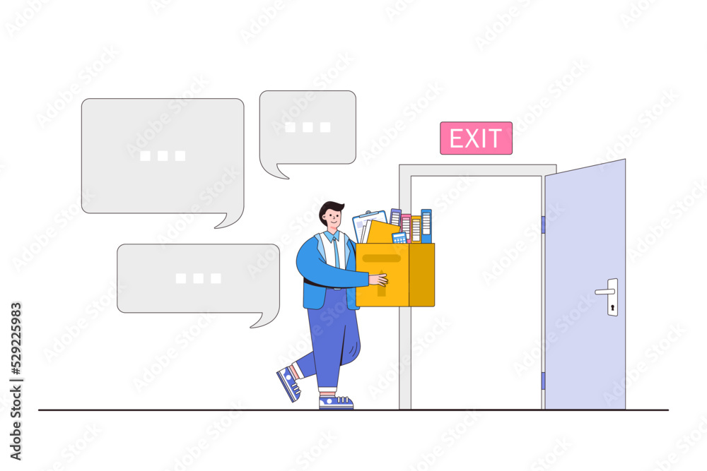 Exit interview before leaving job or organization, feedback or suggestion to HR human resources concept. Businessman employee holding office supplies in the box walking to the door with speech bubble Exit interview before leaving job or organization, feedback or suggestion to HR human resources concept. Businessman employee holding office supplies in the box walking to the door with speech bubble