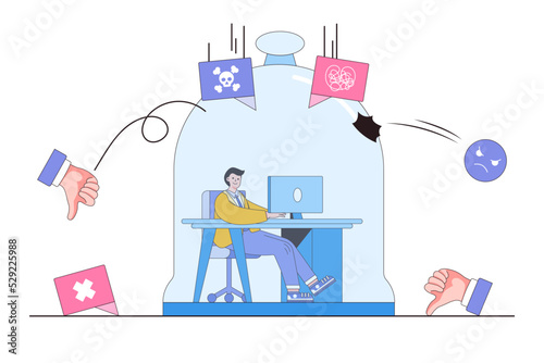 Handling negative feedback, deal with poor performance review, manage pressure and bad customer experience concepts. Businessman employee keep working inside the glass to protect from hate comment