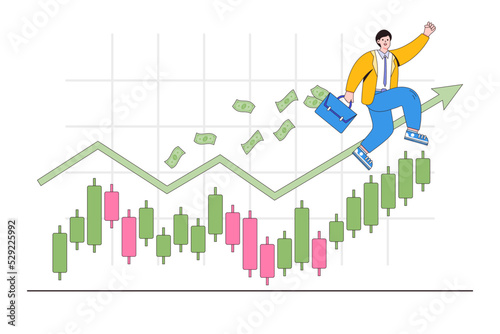 Success online trader, stock market price growth, earn profit from crypto currency investment concepts. Joyful businessman holding money briefcase jump on top candlestick graph with arrow upward