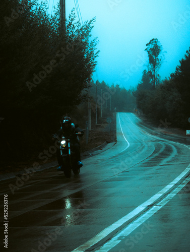 motociclista en la carretera con vista de todo el camino en un bosque en un día lluvioso en invierno