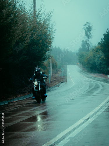 motociclista en la carretera con vista de todo el camino en un bosque en un día lluvioso en invierno