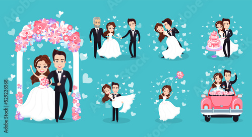 Wedding couple isolated, vector joyful newlywed man in suit and woman in white gown, ceremony act, riding on car, kissing, throwing bouquet and dancing