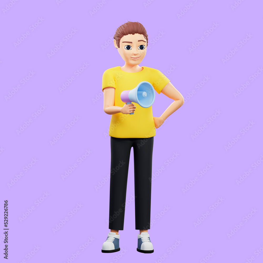 Raster illustration of man holding a loudspeakerYoung guy in a yellow tshirt speaks through a microphone, direct speech, share, tell friends, repost button.3d rendering artwork for business Raster illustration of man holding a loudspeakerYoung guy in a yellow tshirt speaks through a microphone, direct speech, share, tell friends, repost button.3d rendering artwork for business