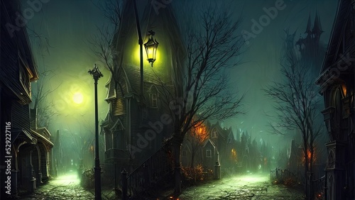 Dark scary street with ancient houses and lanterns, Halloween background. Foggy night. Darkness, fear, neon. Pumpkins. 3D illustration.